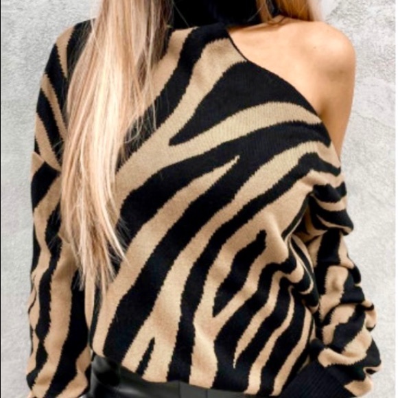 Zebra Print Mock Neck Cold Shoulder Sweater - Picture 4 of 6